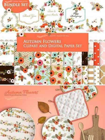 1707143 Autumn Flowers Clipart+Pattern set 1901243