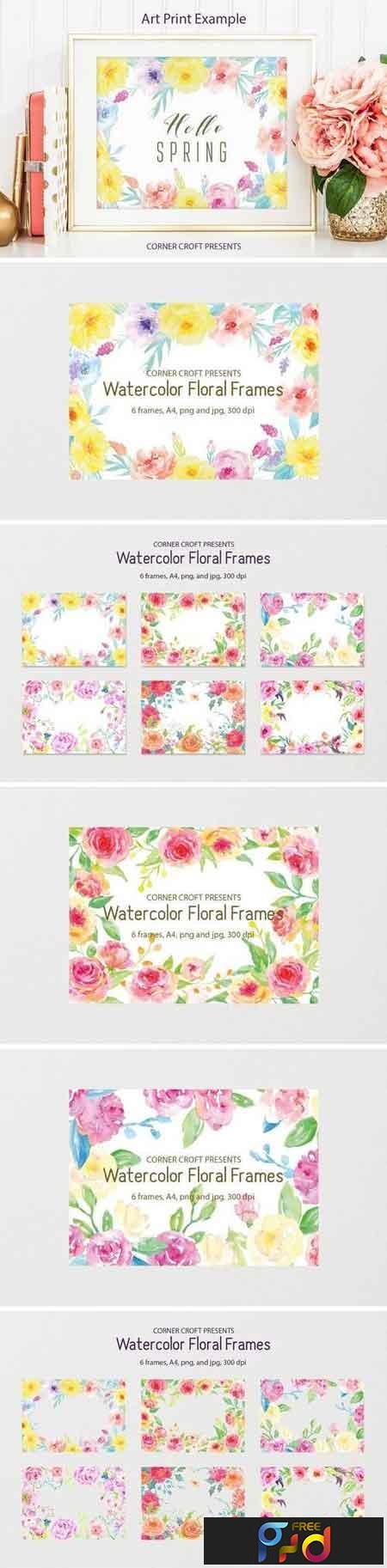 Watercolor floral frame yellow and pink 1