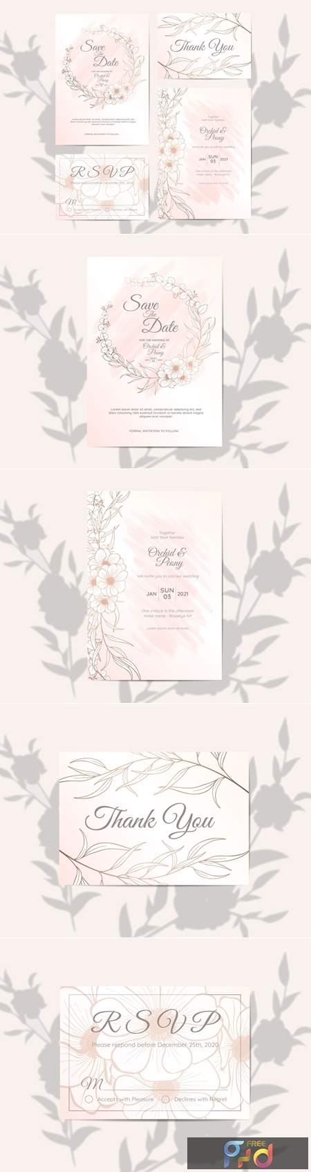 Wedding Invitation Set Elegant Outlined Floral Watercolor