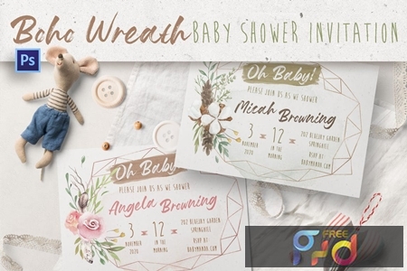 Download Boho Wreath Baby Shower Invitation - FreePSDvn