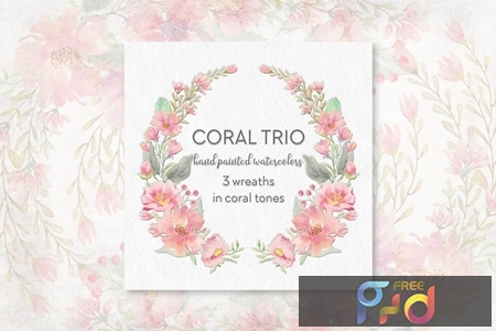 Freepsdvn.com 2001100 Stock Coral Trio 3 Watercolor Wreaths Kxfphne