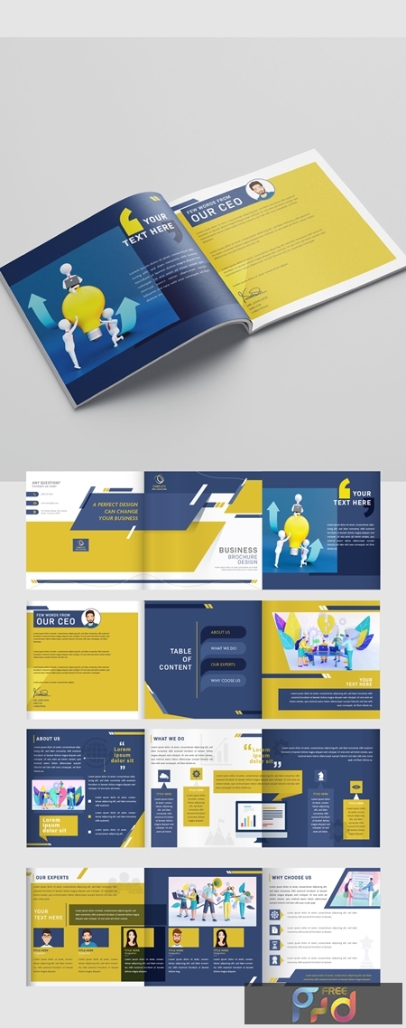 FreePsdVn.com 2002320 VECTOR blue and yellow square business brochure layout with character illustrations 321102575