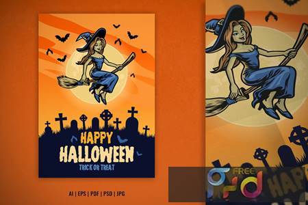 FreePsdVn.com 2109348 TEMPLATE halloween design with cute witch ride flying broom 2emm7s9