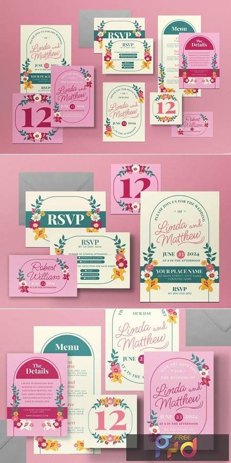 Pink Botanical Wedding Invitation Set 6WLHNDC – FreePSDvn