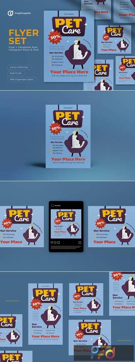 FreePsdVn.com 2212010 TEMPLATE blue flat design pet care flyer set 24gg777