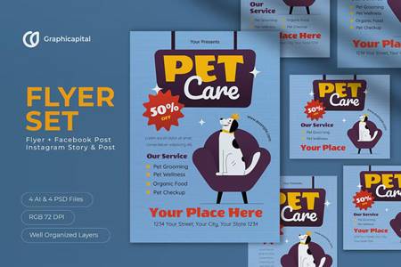 FreePsdVn.com 2212010 TEMPLATE blue flat design pet care flyer set 24gg777 cover