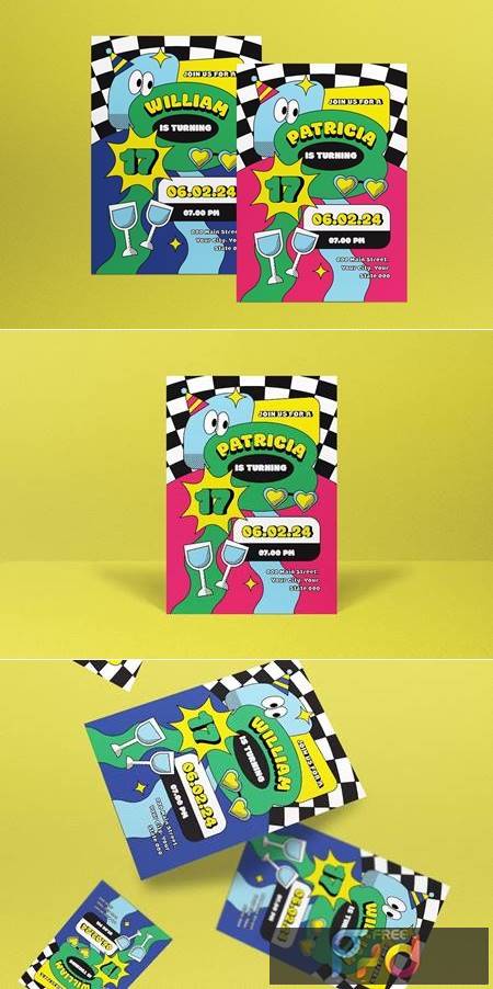 FreePsdVn.com 2212040 TEMPLATE blue pink pop art teen birthday invitation u27sbh7