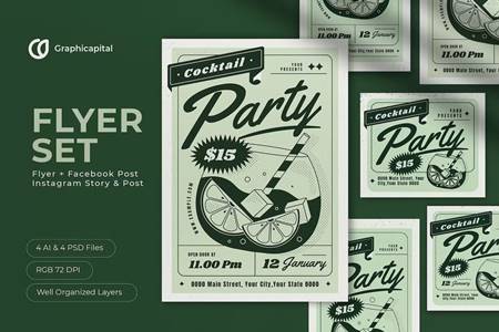 FreePsdVn.com 2301318 TEMPLATE green hand drawn cocktail party flyer set zt2brta cover