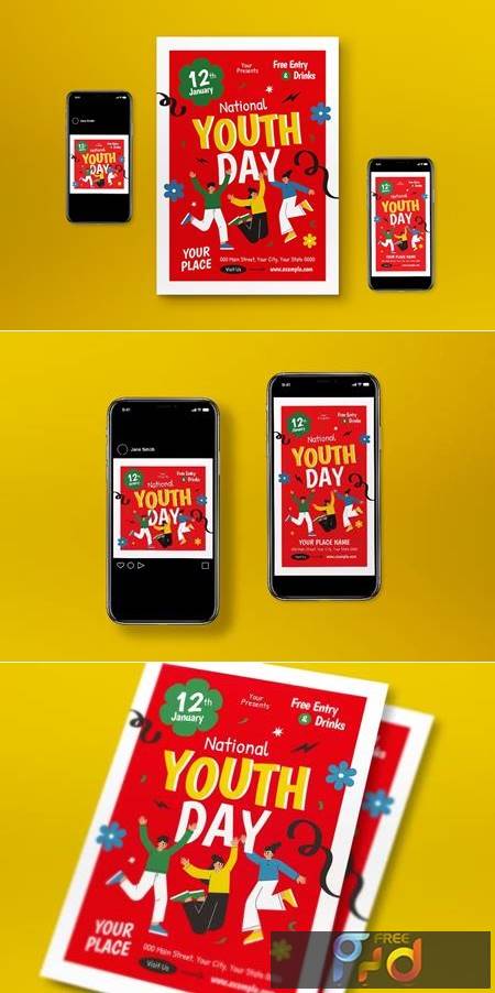 FreePsdVn.com 2301372 TEMPLATE red flat design national youth day flyer set 89jbqlc