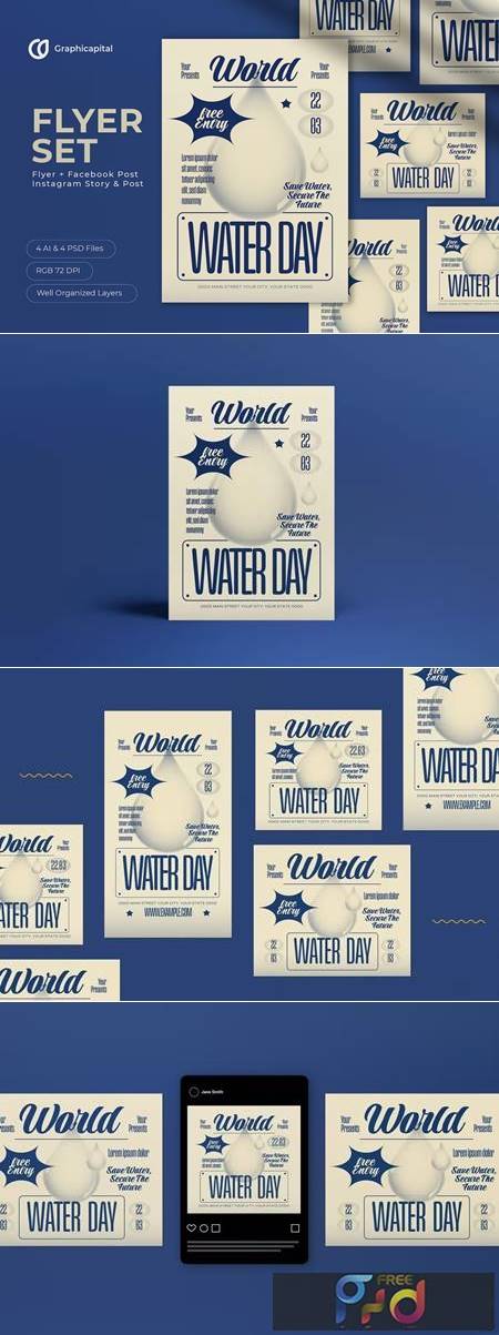 Blue Retro World Water Day Flyer Set 3W48D8Q 1