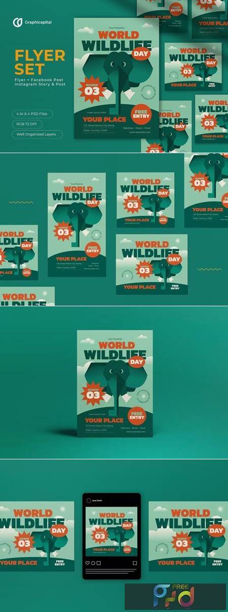 Green Flat Design World Wildlife Day Flyer Set BDKHUM5 1