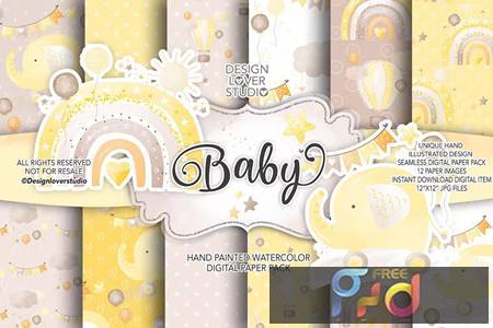 Nursery Baby Yellow Rainbows digital paper pack F8CJS34 1