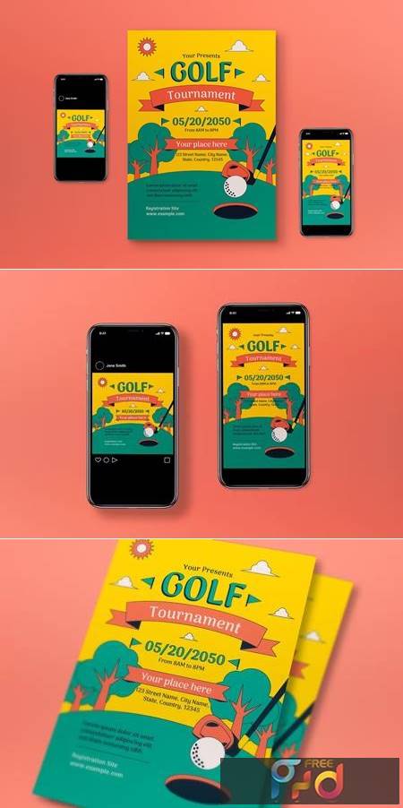 Yellow Flat Design Golf Tournament Flyer Set LEMZH8F 1