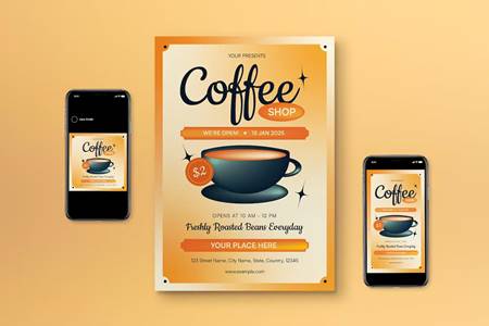 Freepsdvn.com 2304273 Template Orang Retro Coffee Shop Flyer Set Ttfrhvr Cover