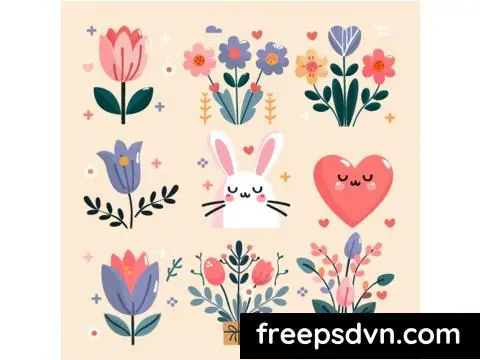 Spring Flower with Bunny and Heart Illustration QD3UPPX 0