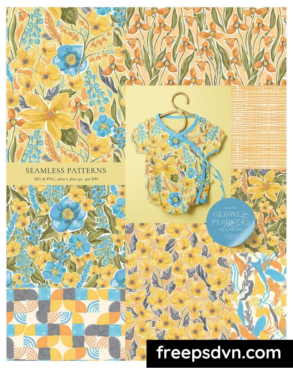 glowly yellow blue flowers seamless patterns ttbm7g3 1